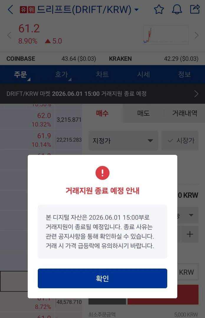 드리프트 업비트에서 곧 상폐하네